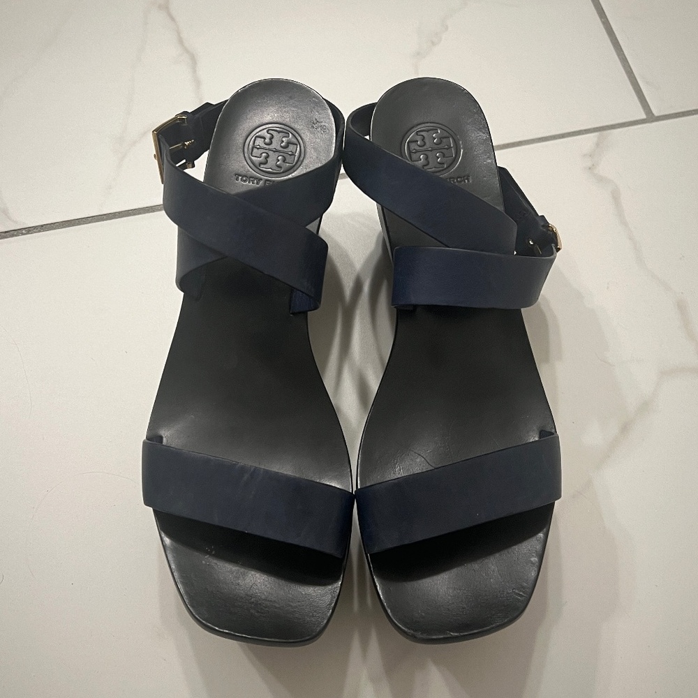 Tory Burch Navy Leather Wedge Platform Sandals